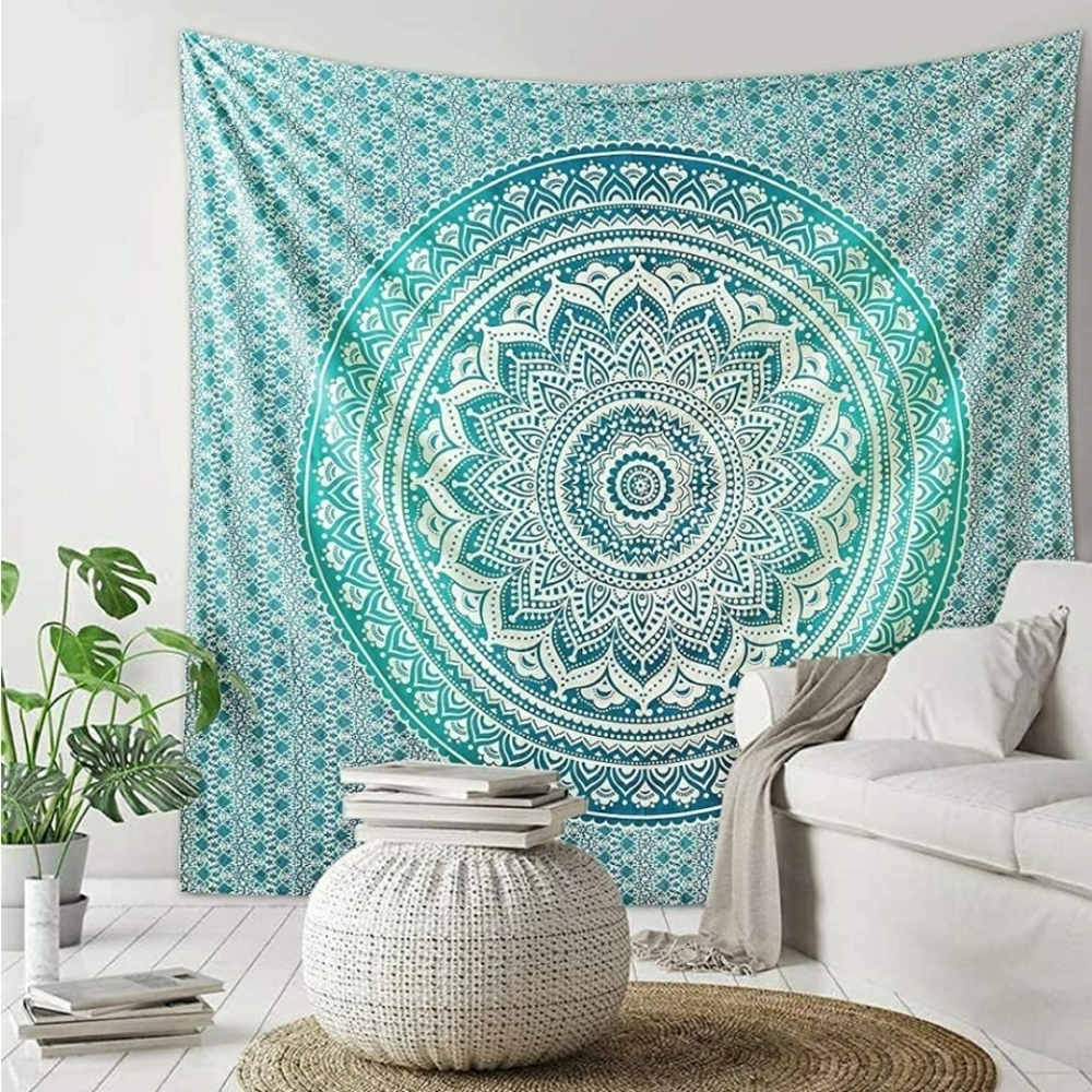 Teal Mandala Tapestry Wall Hanging Art - Picture 1 of 6